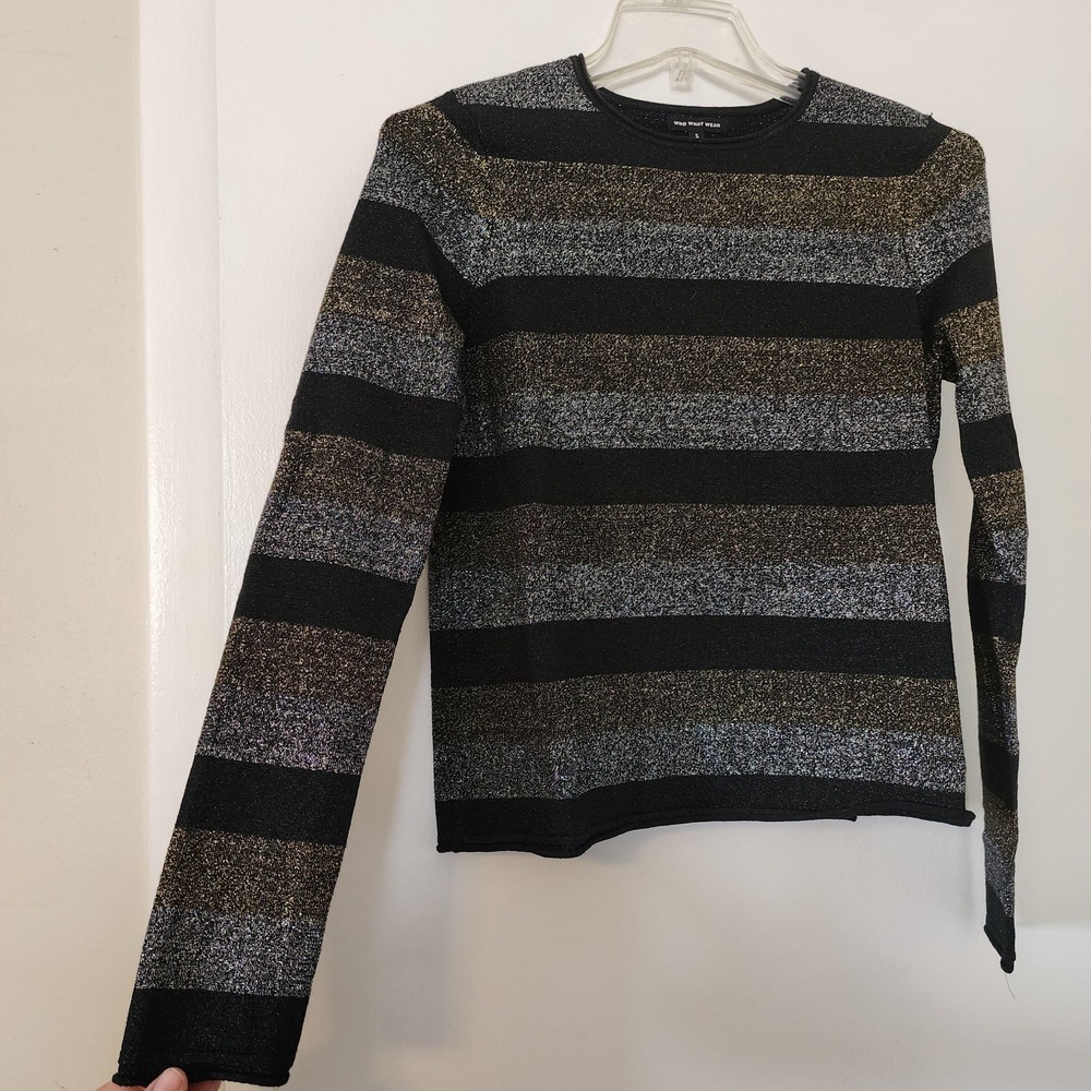 Who What Wear Metallic Striped Sweater Black Gold Silver Long Sleeve Small